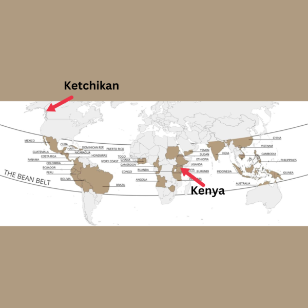 Kenya and Ketchikan on world map showing relation