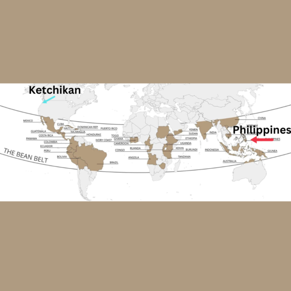 Wold map showing the coffee and cacao growing regions with Ketchikan and the Philippines highlighted to show where the cacao came from