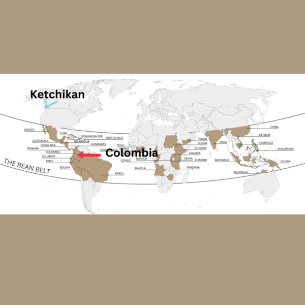 Coffee and cacao "belt" map showing Ketchikan in relation to Colombia