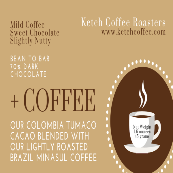 Ketch Coffee Roaster's product image for our 70% dark chocolate Brazilian coffee bar with flavor notes of "mild coffee, sweet chocolate, and slightly nutty." We blend our Colombia Tumaco cacao with our lightly roasted Brazil Minasul coffee. 45 gram bar.