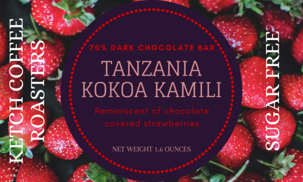 Ketch Coffee Roaster's product image for sugar free Tanzania Kokoa Kamili 70% Dark Chocolate with flavor notes of chocolate covered strawberries. New weight 1.6 ounces.