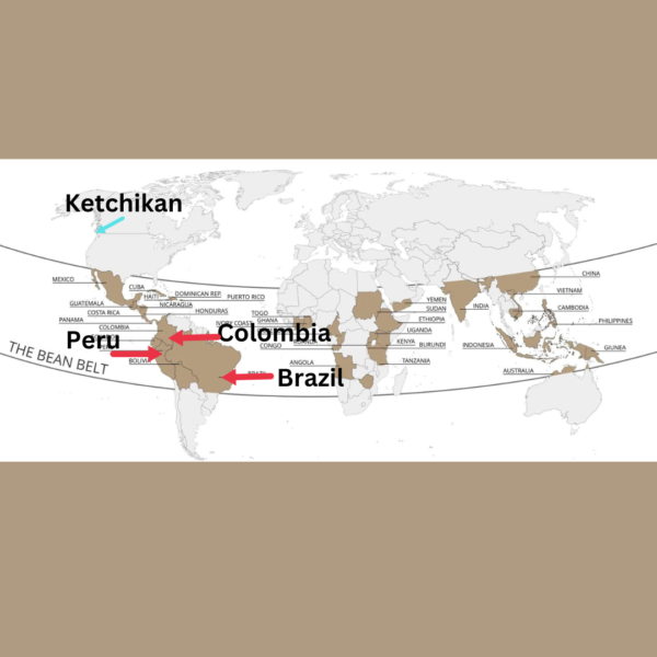 Coffee and cacao belt map showing Brazil, Colombia, and Peru in relation to Ketchikan