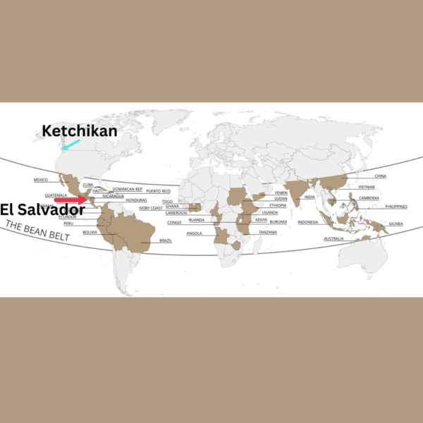 El Salvador on coffee belt map in relation to Ketchikan