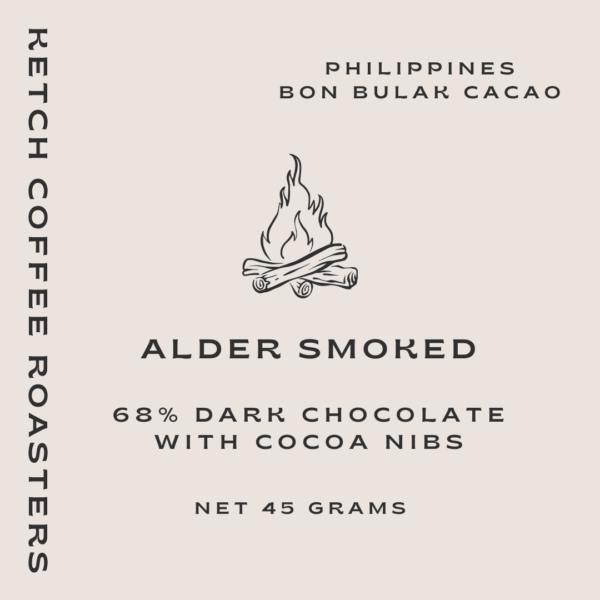 Ketch Coffee Roaster product image for alder smoked 68% dark chocolate bar with cocoa nibs